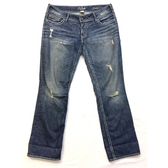 SILVER Suki Jeans Women 36x30 Straight Medium Wash Distressed Stretch Denim Blue - Picture 1 of 16